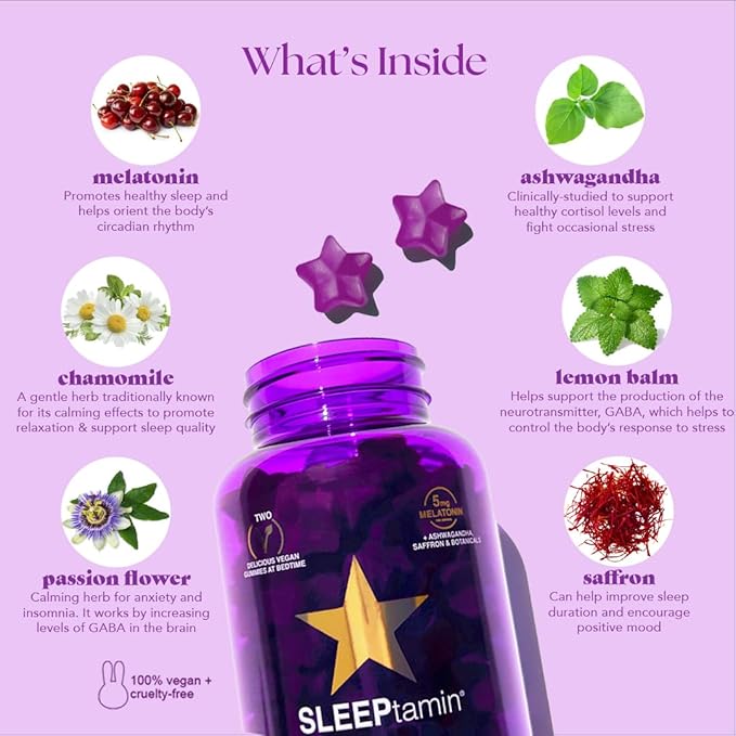 SLEEPtamin Melatonin Gummies 5mg | Infused with Chamomile & Ashwagandha for Relaxation | Promotes Restful Sleep, Balanced Mood, Stress Relief & Enhanced Relaxation | 60 Vegan Gummies