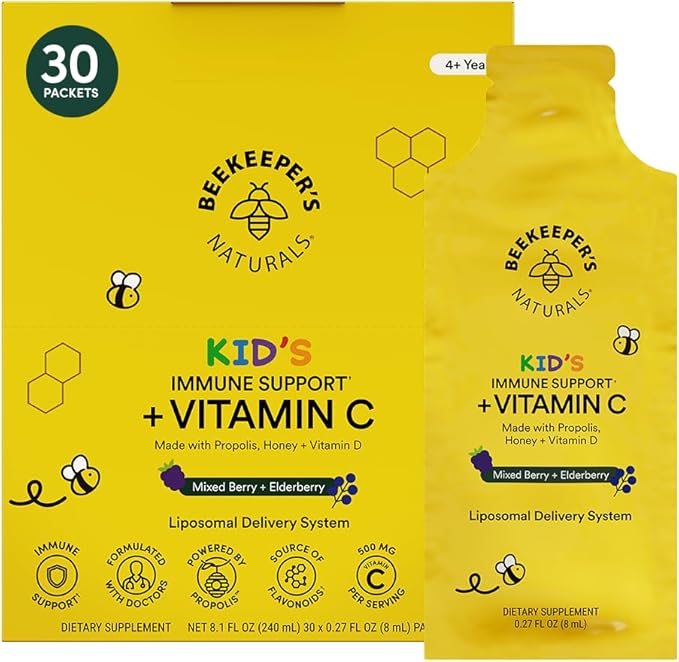 Kid's Immune Liposomal Vitamin C by Beekeeper's Naturals, 500 mg Vitamin C, Elderberry, Vitamin D, Propolis & Honey, Kid-Friendly Immune Support - Mixed Berry Flavor, Easy to Use, Bioavailable, 30 Ct