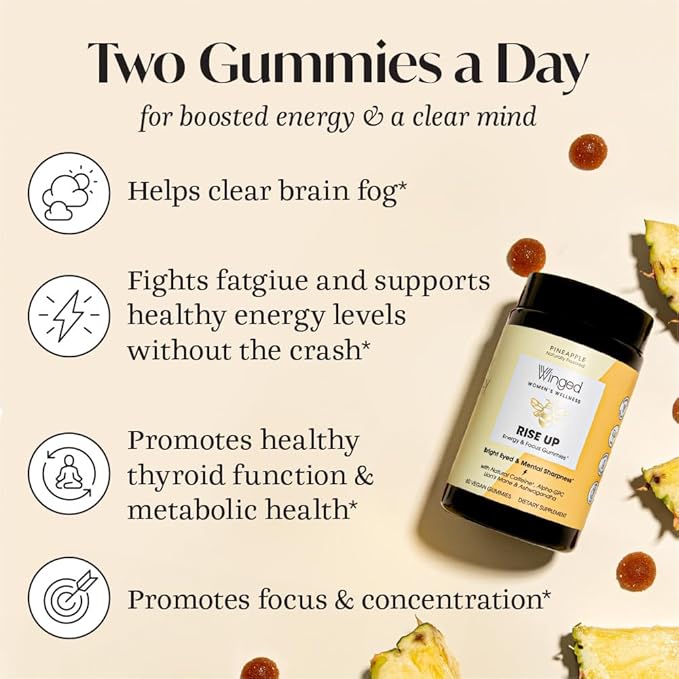 Winged Rise Up Gummies | Energy & Brain Boost Supplement | Natural Caffeine, Ashwagandha & B12 for Energy | Nootropics Alpha-GPC, Lion’s Mane & Huperzine A for Focus | Pineapple Flavor (90 Servings)