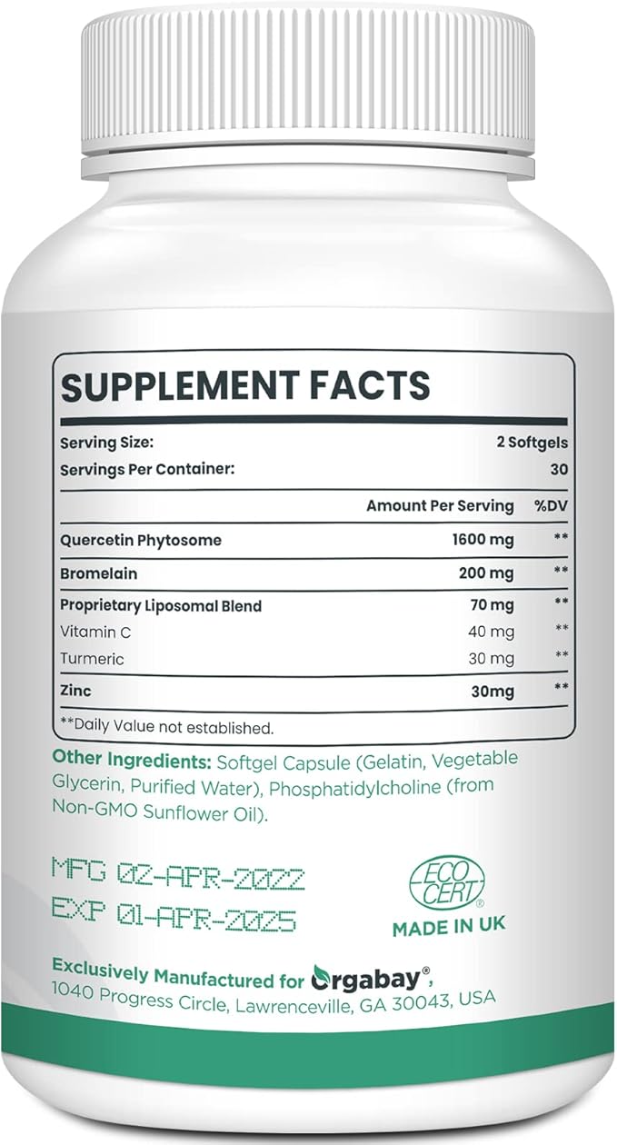 Liposomal Quercetin Phytosome 1600 mg,Bromelain 200mg,Zinc 30mg,Vitamin C Turmeric 40 mg,Highest Absorption,Quercetin Complex, 120 Softgels