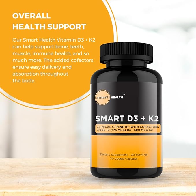 Vitamin D3 + K2 - Bone Health & Immune Support - 7000 IU(175 MCG)D3 + 500 MCG K2 - Cofactors B6, Magnesium & Zinc - Gluten Free, Vegan, Non-GMO - Dietary Supplement - 30 Veggie Capsules