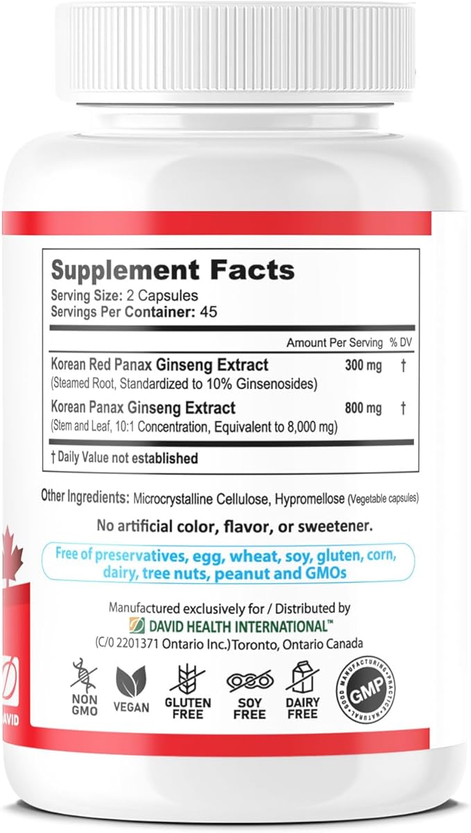 Panax Ginseng Korean-Red 8,300mg per Day, 10% Ginsenosides, Non-GMO, Vegan, Gluten-Free, Soy-Free, and Dairy-Free, 90 Veggie Capsules