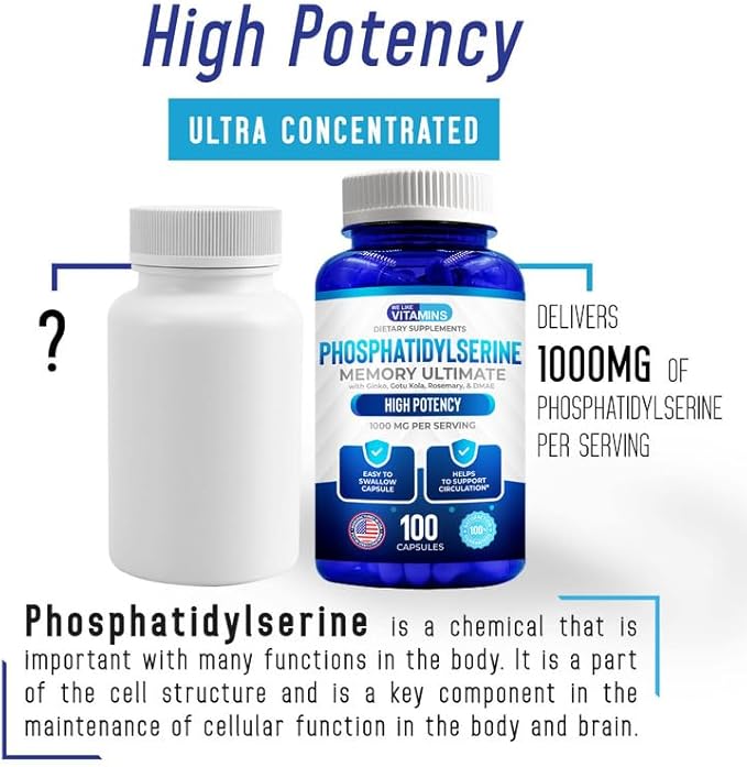 We Like Vitamins Phosphatidylserine Supplement with Gingko Biloba, Gotu Kola, DMAE - Improves Focus, Memory, Cognitive Function - Soy-Free 1000mg Memory Ultimate Complex - 100 Easy-to-Swallow Capsules