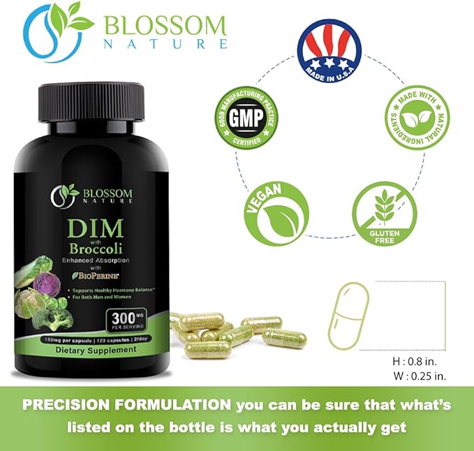 DIM Supplement 300mg with Broccoli 200mg BioPerine 10mg-Hormone and Estrogen Balance for Women & Men,Menopause Relief,PCOS & PMS Support,Hormonal Acne Treatment-120 Caps,Diindolylmethane 150mg per Cap