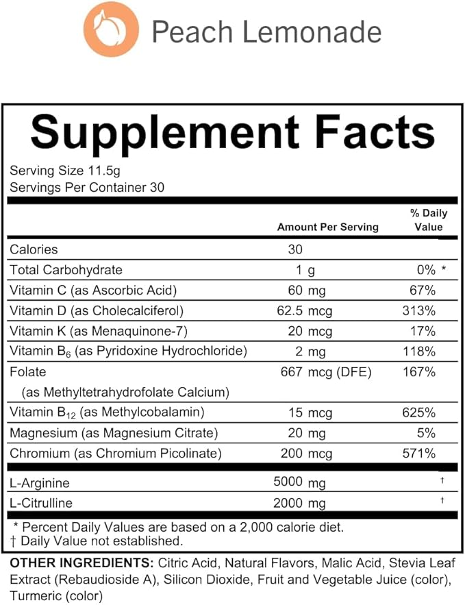 L-Arginine Complete, L Arginine Powder, 5000mg, Peach Lemonade