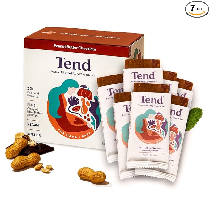 Daily Tend Best Prenatal Vitamin Bar, Made with Organic Ingredients for Pregnant & Postpartum Mothers, Includes DHA, Vitamin D, Folate, Sunflower Lecithin, Peanut Butter Chocolate Flavor (7 ct)