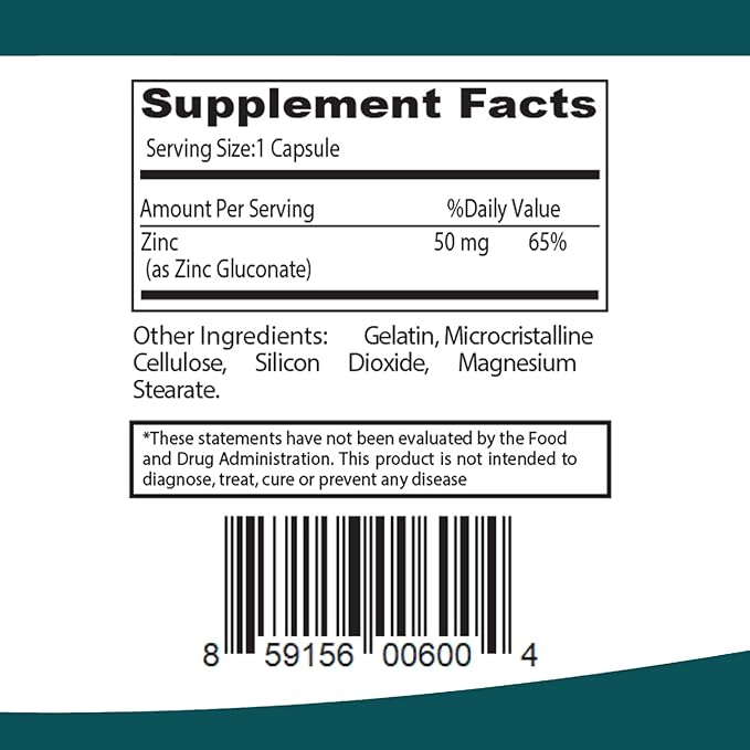 Zinc 50mg, Immune Support & Antioxidant Supplement 100 Capsules - Gluten Free and Non-GMO