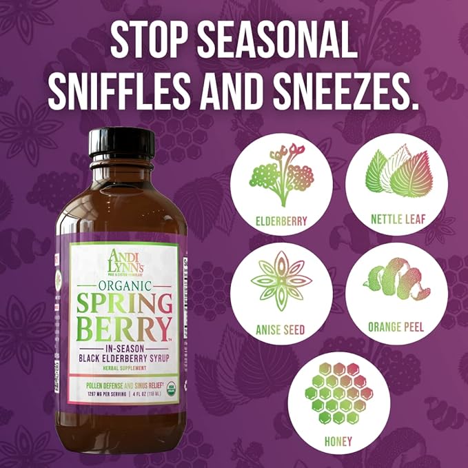 Andi Lynn’s SpringBerry, Organic Black Elderberry Syrup, Pollen Defense & Sinus Relief for Seasonal Allergies, Herbal Immune Support Supplement for Kids & Adults (3-Pack)