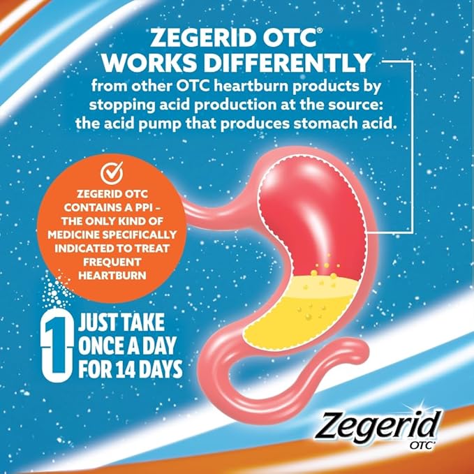 Zegerid OTC 24-Hour Heartburn Relief, The Only Proton Pump Inhibitor with Omeprazole 20mg + Sodium Bicarbonate, Treats Frequent Heartburn, 14ct Capsules