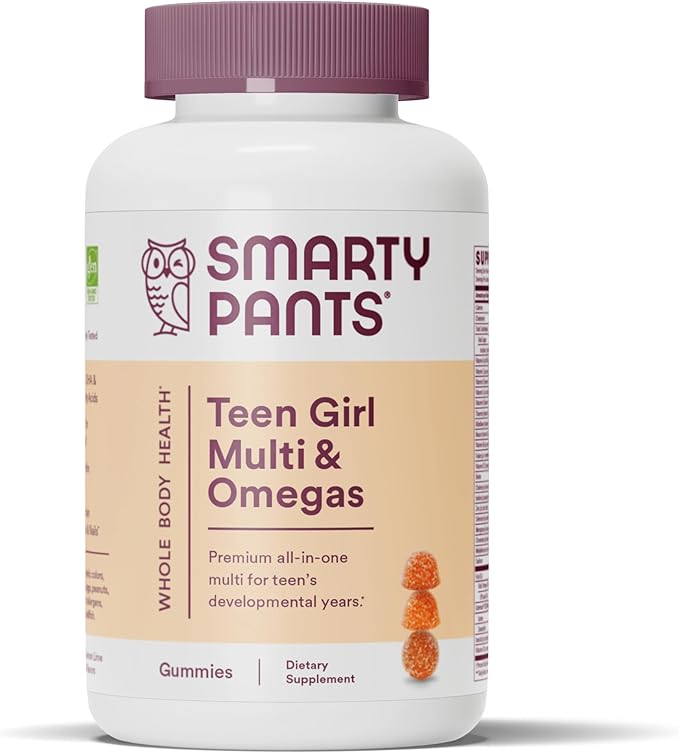 SmartyPants Teen Girl Multivitamin Gummies: Omega 3 Fish Oil (EPA/DHA), Vitamin C, D3, B12, Vitamin A, K & Zinc, Gluten Free, Includes Biotin to Support Hair, Skin & Nails, 120 Count (30 Day Supply)