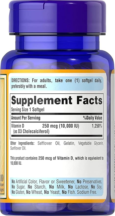 Puritan's Pride Vitamin D3 10,000 IU, Twin Pack 200 Total Count, 100 Count (Pack of 2)