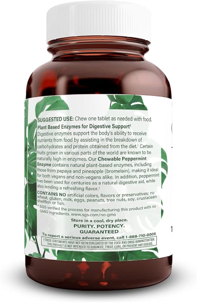 Natural Nutra Chewable Peppermint Digestive Enzyme Supplement, Help to Relieve Gas, Indigestion, and Other Digestive discomforts, Stomach Calmness, Papaya (Papain), Vegan and Vegetarian, 100 Tablets