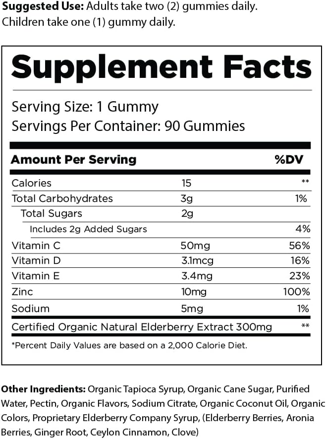 Extra Strength Elderberry Gummies with Vitamins C, D,E and Zinc for All-Natural Immune Support, No Artificial Ingredients (90 Count)