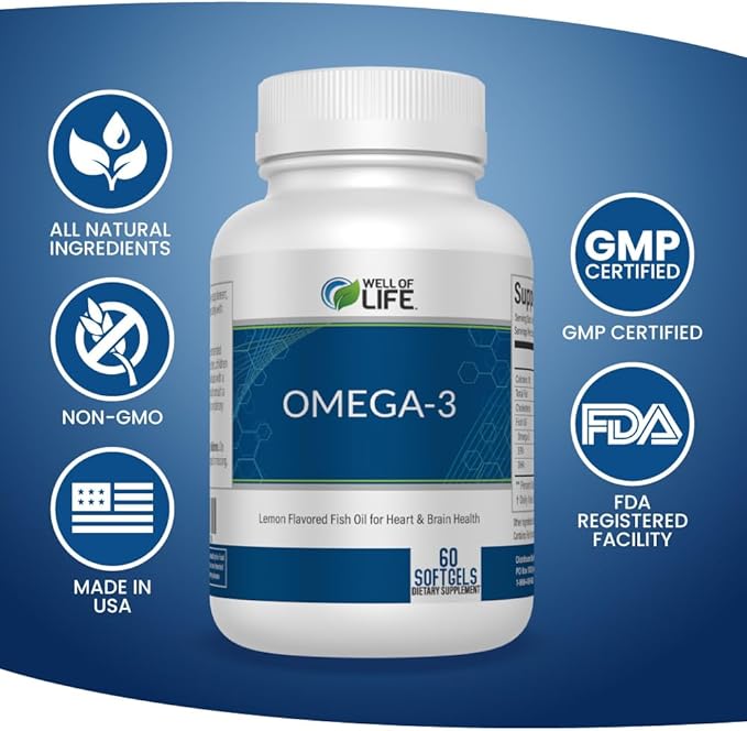 Well of Life Omega-3 Fish Oil – 60 Softgels | High EPA & DHA for Heart and Brain Health | Non-GMO, Premium Fish Oil Supplement | Made in USA, GMP Certified