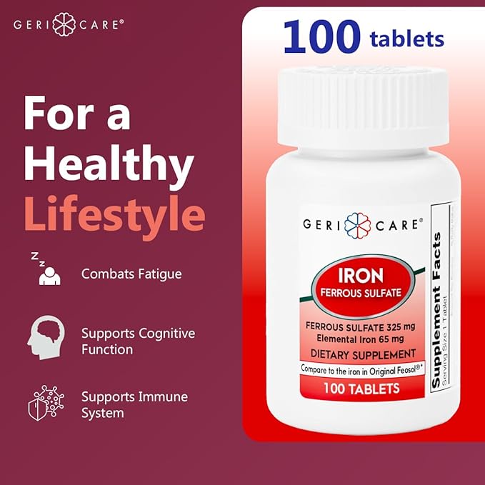 GeriCare Ferrous Sulfate Tablets 325mg, Elemental Iron 65 mg High Potency Iron Supplement | Dietary Supplement 100 Count. (Pack of 2)