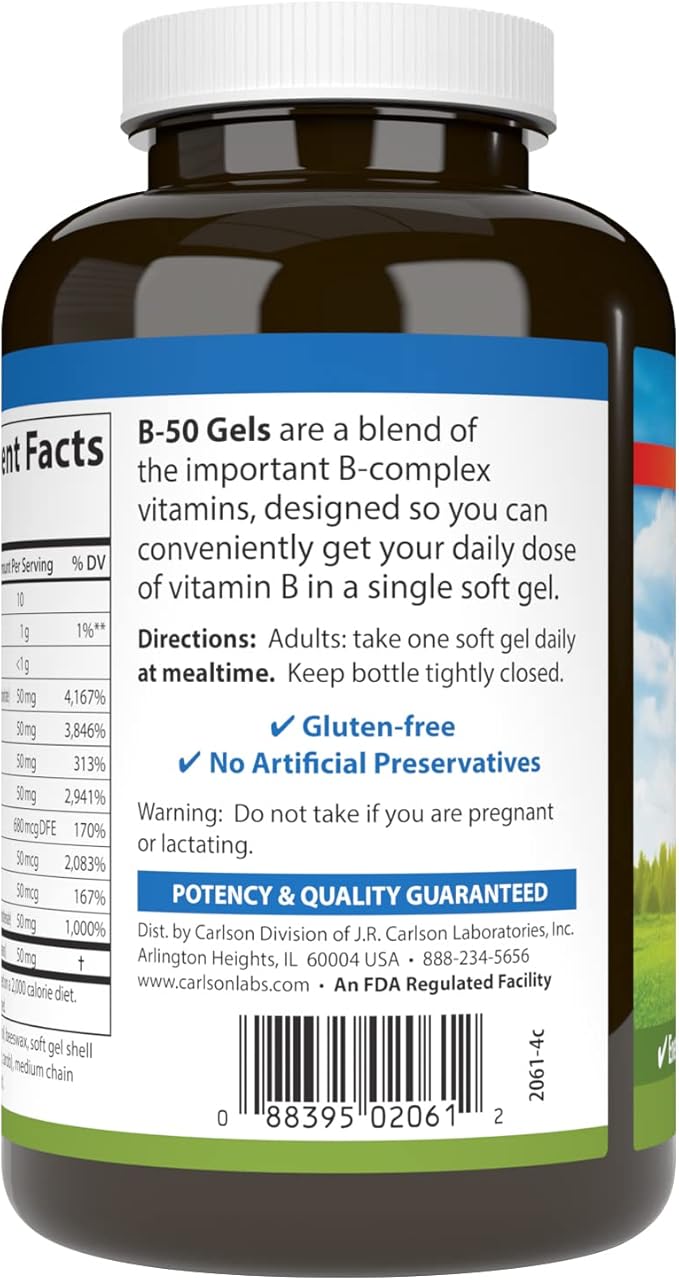Carlson - B-50 Gels, Vitamin B Complex, Energy Production, Cellular Support & Optimal Wellness, 100 Softgels