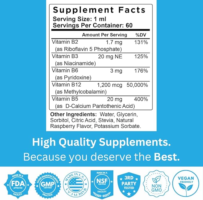 B12 Plus Liquid Vitamin B Complex Supplement - B Complex Vitamin Supplement - 2 Month Supply - Energy Support Supplement - Vegan - Non-GMO - Gluten Free - 2 Fl Oz
