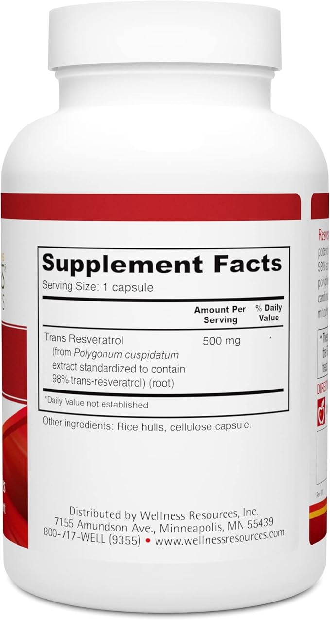 Wellness Resources Resveratrol Ultra 500 - High Potency 98% Trans-Resveratrol 500mg Per Capsule (90 Capsules) - Bioactive Resveratrol Supplement