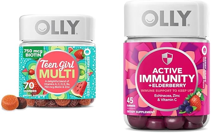OLLY Teen Girl Multi Gummy, Healthy Skin and Immune Support, 15 Essential Vitamins, 70 Count Gummy Active Immunity+Elderberry, 45 Gummies, Berry Flavor