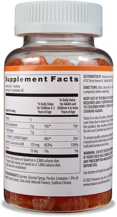 Amazon Basics Kids' Vitamin C 125mg Gummies, Orange, 60 Count, Immune Health, 2 Month Supply (Previously Solimo)