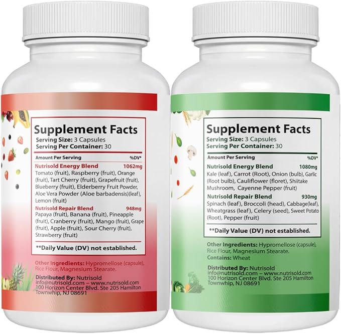 Whole Food Fruits & Vegetables Supplement – Superfood Blend for Energy, Digestion & Immune Support – 90 Fruit & 90 Veggie Capsules – Made in USA