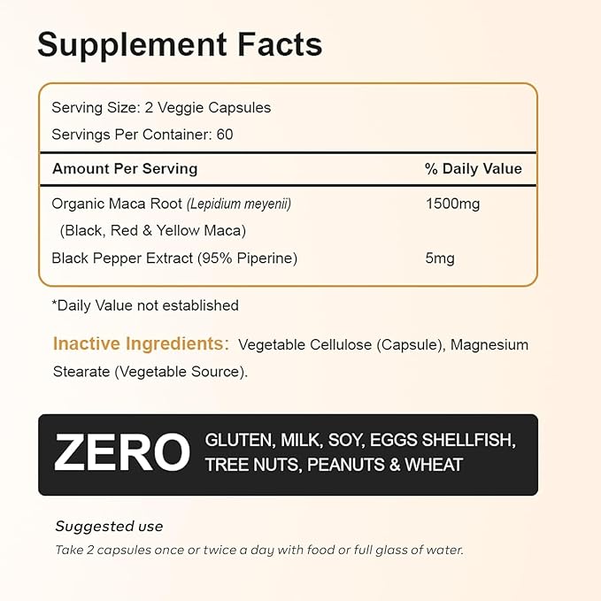 Organic Maca Root Powder Capsules 1,500mg for Men & Women - Capsule Contains Black, Red, Yellow Maca Root Extract - 95% Piperine from Black Pepper - Made with Peruvian Maca - 120 Count