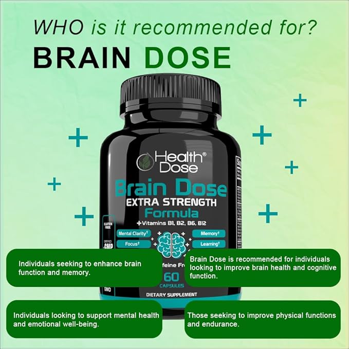 Brain Dose Premium Nootropics - Caffeine-Free Extra Strength Formula for Men & Women - Supports Brain Health, Cognitive Focus & Memory Retention, Pack of 3.