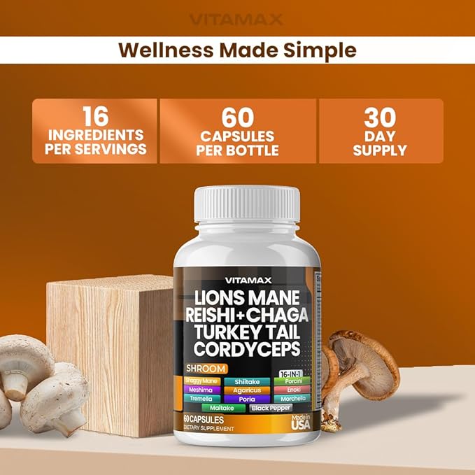 Lions Mane Mushroom, Turkey Tail, Chaga & Reishi, Cordyceps Shiitake White Elm King Trumpet Nameko Oyster Porcini Focus & Energy - Made in USA (60 Capsules (Pack of 1))