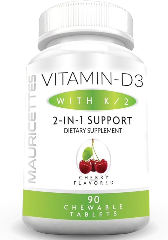 Chewable Vitamin D3 with K2 – 2-in-1 Bone & Heart Health Support – Immune Booster – Natural Cherry Flavor – 90 Tablets for Adults & Kids