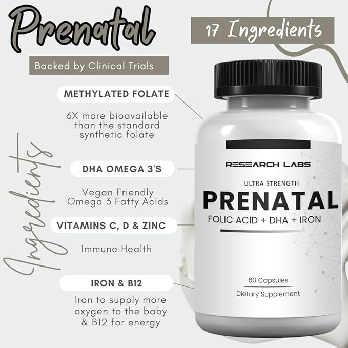 Research Labs Prenatal Vitamins for Women: 6X More Bioavailable Methylated Folate Folic Acid MTHF 5 | Supports Brain Development, Healthy Growth