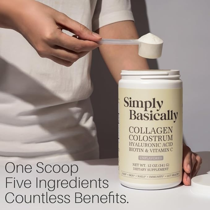 Collagen & Colostrum Powder Enhanced with Biotin, Hyaluronic Acid, Vitamin C | Grass-Fed | Immune & Gut Health Skin Hair Nails Supplement 30 Servings Powder