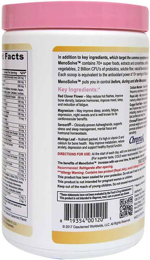 Greens First MenoSolve Plus Probiotics Powder - Natural Relief for Menopause Symptoms - Non-GMO/Dairy-Free/Soy-Free - with Red Clover Flower, Magnesium & Moringa Leaf (30 Servings)