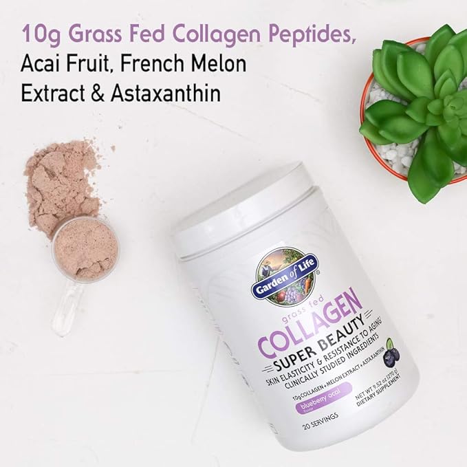 Garden of Life Grass Fed Collagen Super Beauty Powder - Blueberry Acai, 20 Servings, Collagen Powder for Women Skin Hair Nails Joints, Collagen Peptides Powder, Collagen Protein, Collagen Supplements