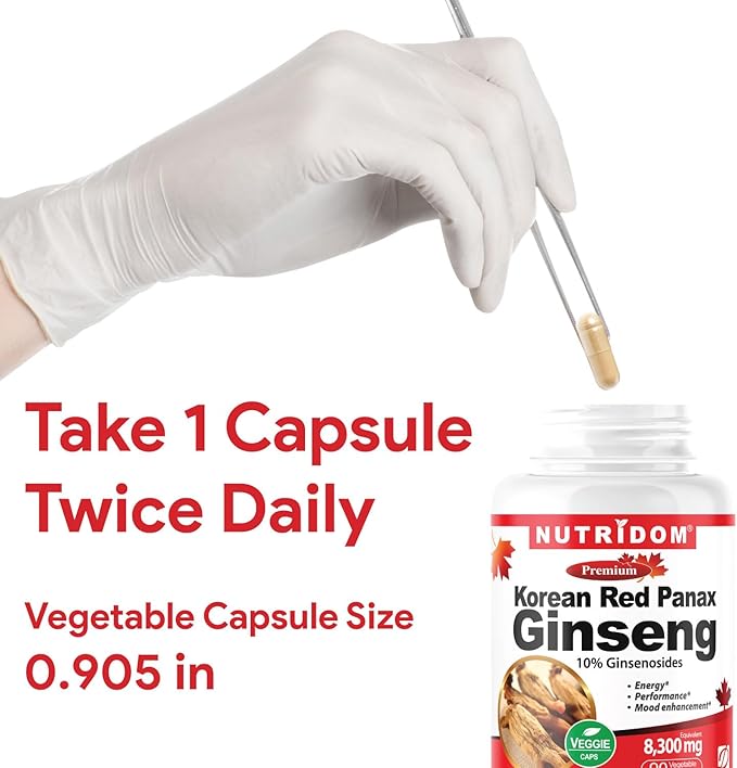 Panax Ginseng Korean-Red 8,300mg per Day, 10% Ginsenosides, Non-GMO, Vegan, Gluten-Free, Soy-Free, and Dairy-Free, 90 Veggie Capsules