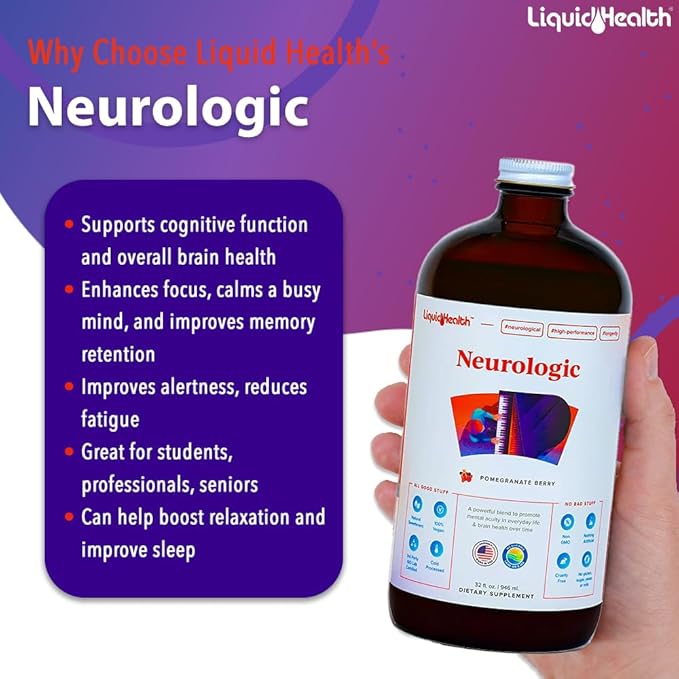 LIQUIDHEALTH Neurologic Focus Supplement - Brain Booster Nootropic Supplement for Cognitive Function, Memory & Focus with Ginkgo Biloba, Choline, L-Theanine & Phosphatidylserine - USA Made (2 Pack)