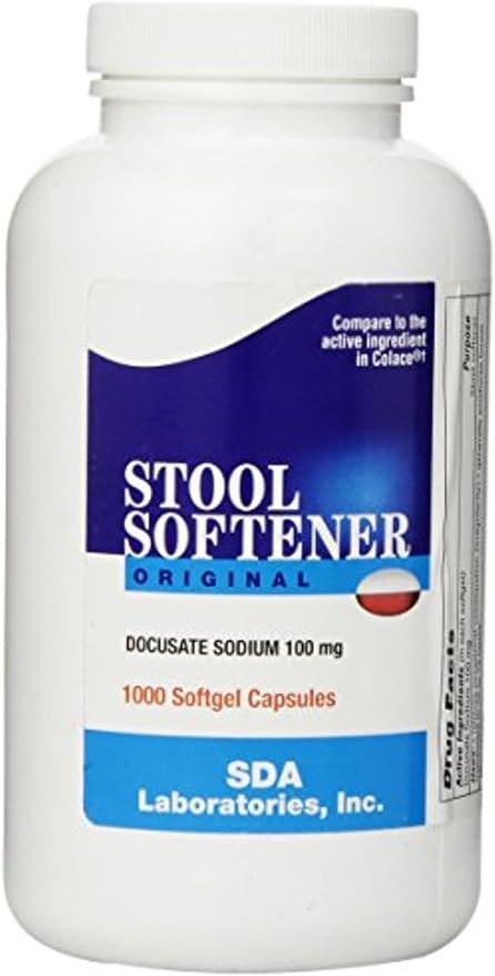 SDA Laboratories Docusate Sodium 100 mg Stool Softener, Fast-Acting Relief from Occasional Constipation for Easier Bowel Movements, 1000 Softgels (1 Pack)