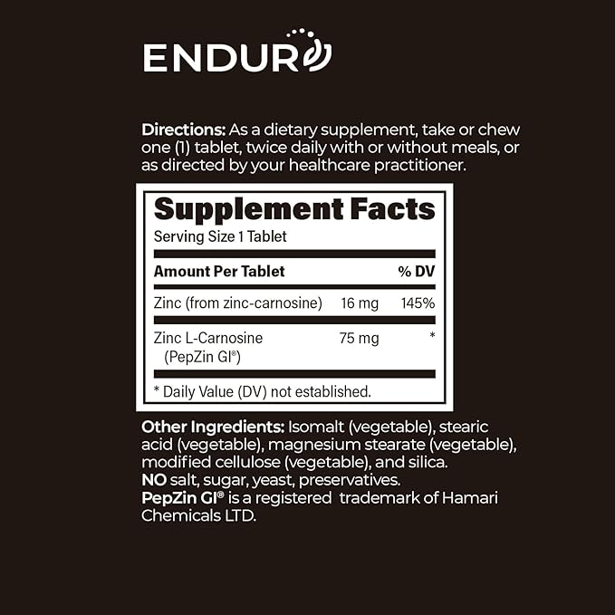Zinc - PepZinGI 75mg for Immune Function & Digestive Health Support | Zinc Carnosine Supplement | Chewable Zinc Tablets for Adults | Vegan, Non-GMO, Gluten Free - Endurance 60 Chewable Tablets