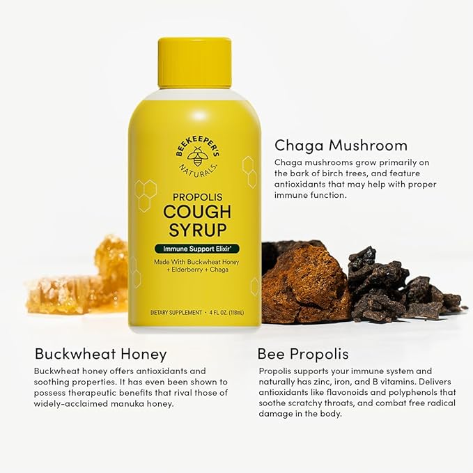 Beekeeper's Naturals Propolis Honey Cough Syrup Daytime for Adults Elderberry, Bee Propolis, Buckwheat Honey - Immune Support & Throat Soothing, 4 oz