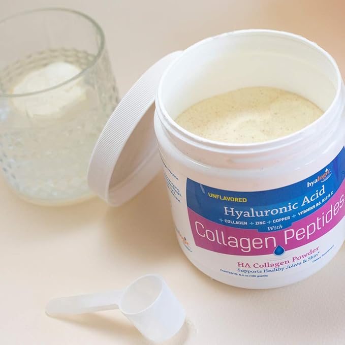 Hyalogic Collagen Peptides Powder w/Hyaluronic Acid, Hydrolyzed Types 1 & 3, Grass Fed, Keto Protein Powder Supplement for Hair Growth, Skin, Nails Unflavored Easy to Mix 6.4 oz (180 gr.)