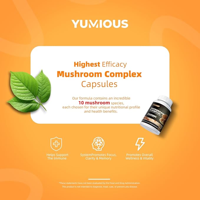 Mushroom Complex Supplement 2600mg, 120 Capsules - 10 Mushrooms Blend - Reishi, lions mane supplement capsules,Lions Mane, Cordyceps, Chaga, Turkey Tail, Maitake, Shiitake, Oyster Nootropic Complex