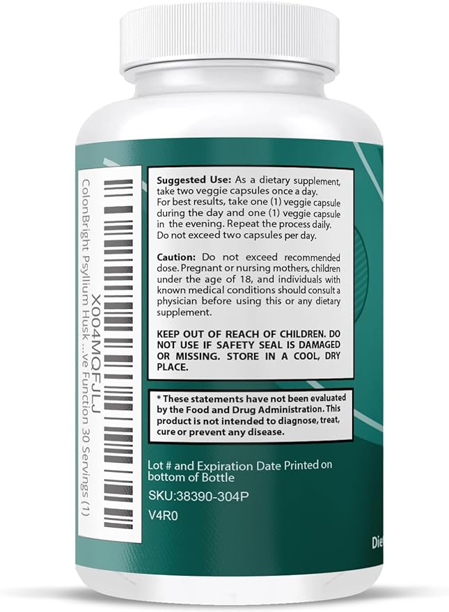 ColonBright Psyllium Husk Powder Colon Cleanser - Colon Cleanse for Constipation Relief, Bloating Relief & Gut Health, Vegan, Gluten Free Fiber Supplement - Healthy Digestive Function 30 Servings (1)