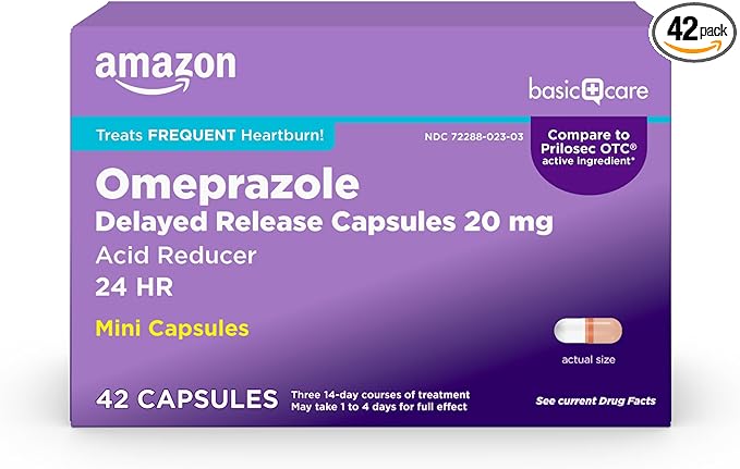 Amazon Basic Care Omeprazole Delayed Release Mini Capsules 20 mg, Acid Reducer, 24HR Heartburn Relief, 42 Count Pack