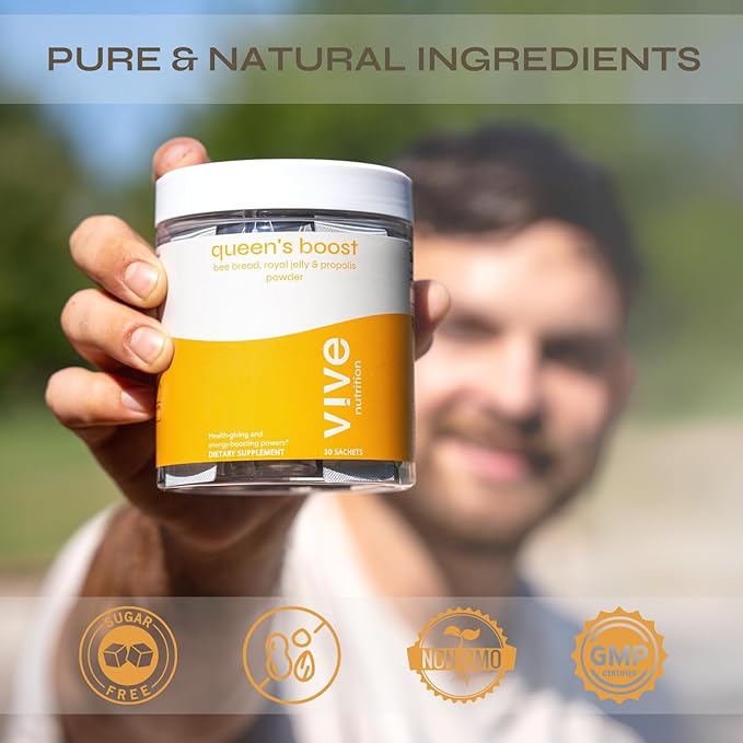 Queen's Boost - Sugar-Free Bee Bread, Royal Jelly & Propolis Powder with Vitamin C - Non-GMO, Immune and Energy Support- 30 Individual Sachets per Pack, 30-Day Supply