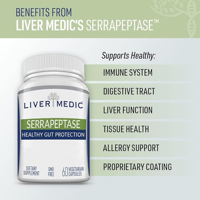Serrapeptase Pure Digestive Enzymes (Enteric Coated) – Premium Healthy Gut Protection & Liver Support – Non-GMO, Vegan Liver Supplement for Gut Health. Digestive Enzymes & Tissue Support (60 Caps)
