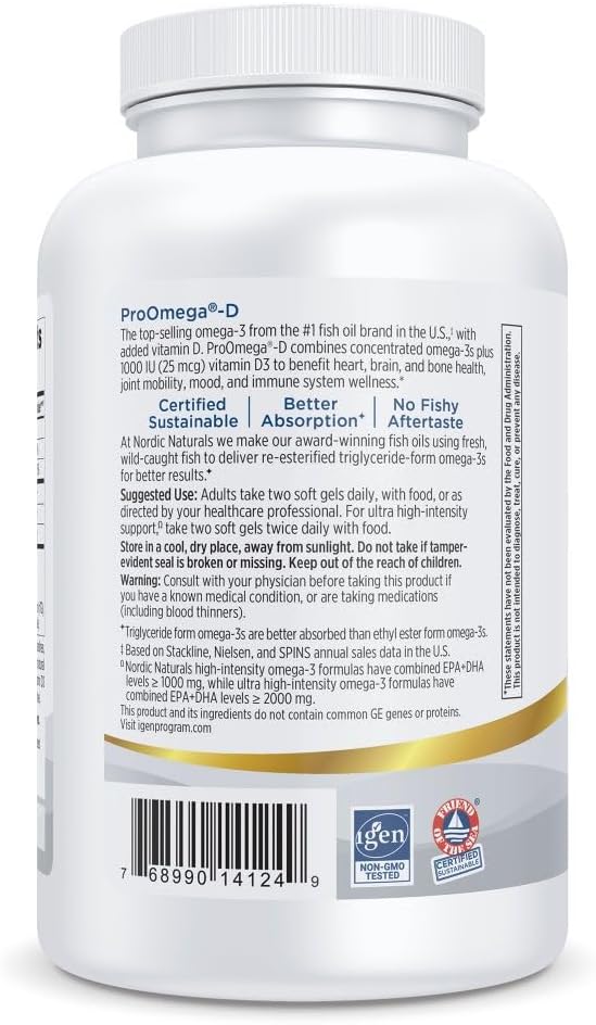 Nordic Naturals ProOmega-D, Lemon Flavor - 180 Soft Gels - 1280 mg Omega-3 + 1000 IU D3 - High-Potency Fish Oil - EPA & DHA - Brain, Eye, Heart, & Immune Health - Non-GMO - 90 Servings