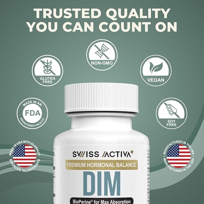 Swiss Activa+ DIM Supplement – New Formula – Hormone Balance for Women & Men – Estrogen Supplement for Women and Men– Supports Hormonal Acne & Menopause Symptoms – 60 Days Supply