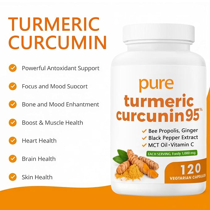 Turmeric Curcumin Supplement 1000mg - 95% Turmeric Complex Supplement with Bee Propolis, Ginger, MCT Oil, Fat Soluble Vitamin C, & Black Pepper, Non-GMO, Gluten Free, 120 Capsules