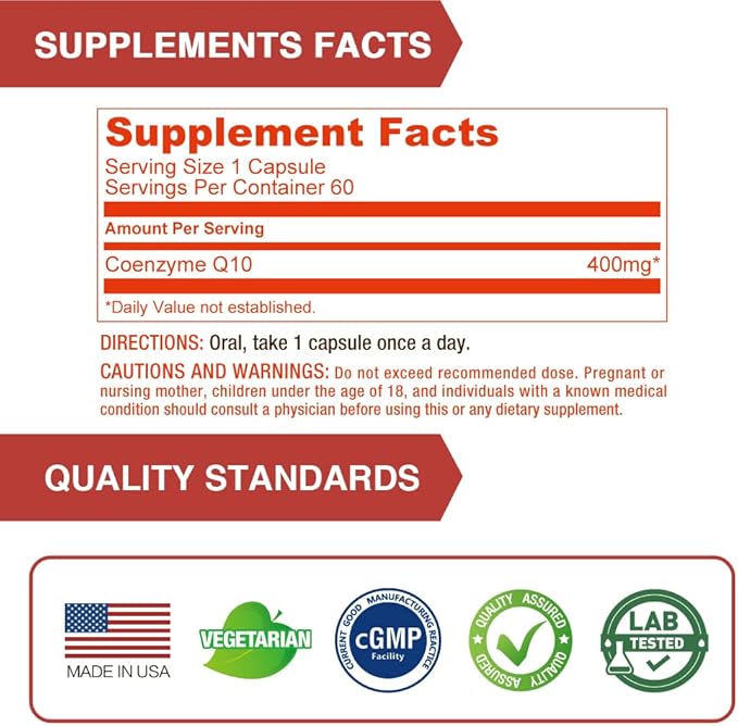 Lovita CoQ10 400mg Supplements | Easliy Absorbed Coenzyme Q10 Powder | Antioxidant Co Q10 Enzyme | Support Heart Health | Vegan | 60 Capsules