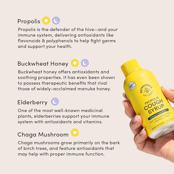 Beekeeper's Naturals Propolis Honey Cough Syrup – Adult Daytime & Nighttime Value Pack – Elderberry, Bee Propolis, Buckwheat Honey – Immune Support & Throat Soothing, Two Pack, 2 x 4 fl oz