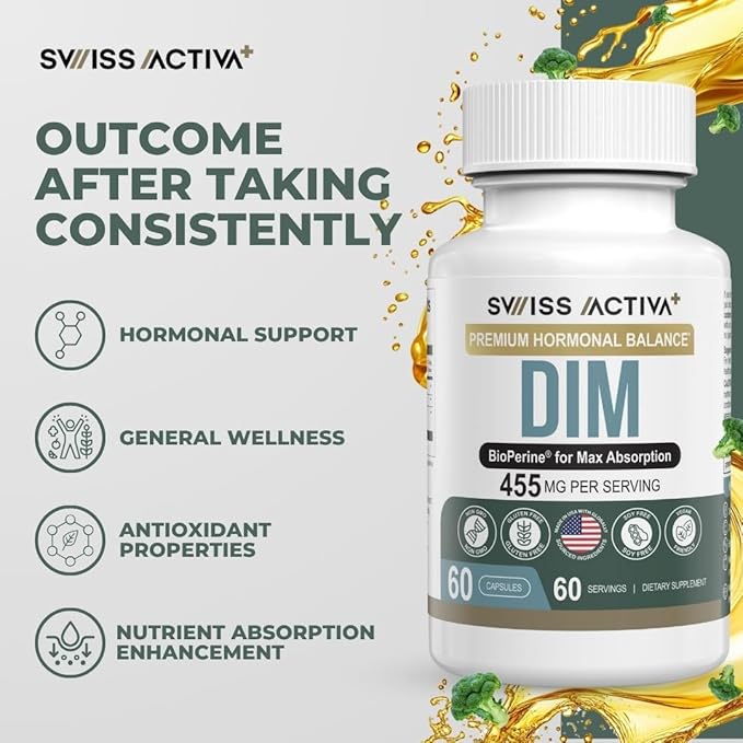 Swiss Activa+ DIM Supplement – New Formula – Hormone Balance for Women & Men – Estrogen Supplement for Women and Men– Supports Hormonal Acne & Menopause Symptoms – 60 Days Supply